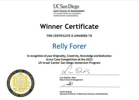 Winner Certificate to MBA student -Dr. Relly Forer